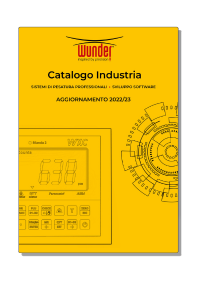 Copertina del catalogo bilance industriali Wunder disegno tecnico di un visore contapezzi e fondo arancione