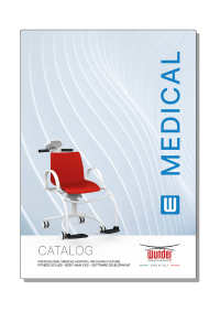 Copertina del catalogo bilance medicali Wunder in inglese, con la sedia pesapersone de20 di colore rosso e la scritta medicale azzurra